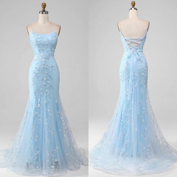 Zapaka Vintage Sparkly Blue Beaded Mermaid Long Prom Dress Sz 2 Fairy Dainty